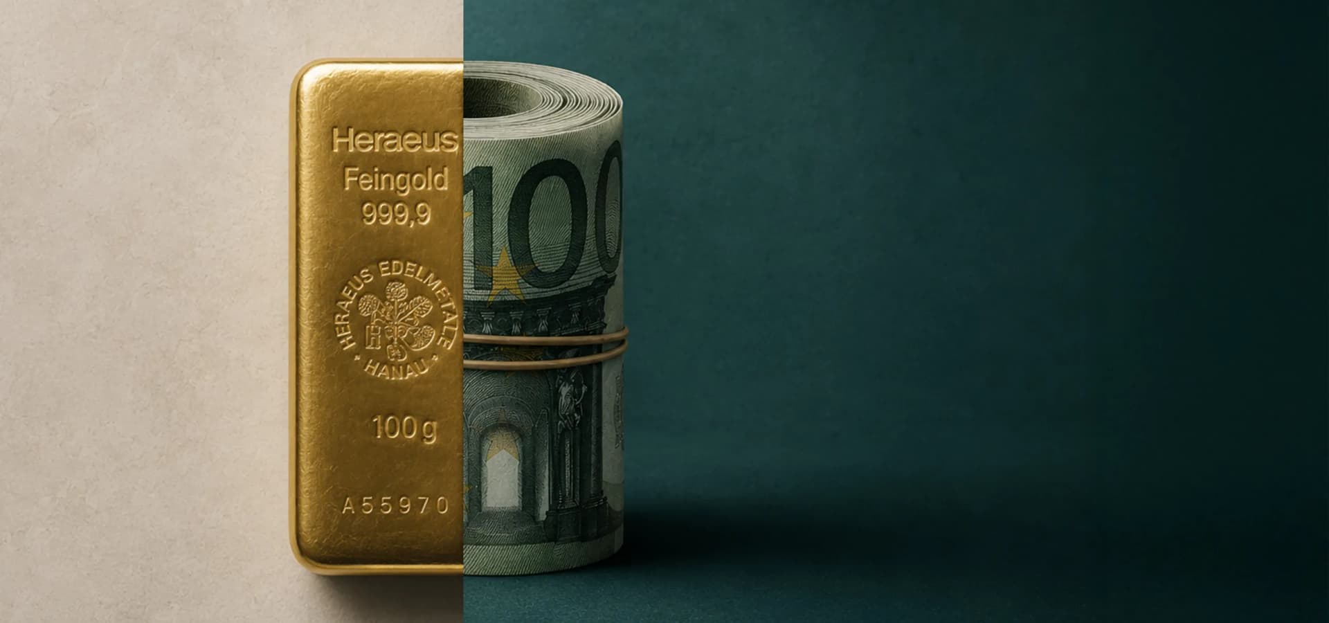 Goldbarren, der in eine Geldrolle übergeht – Pfandkredit für Gold in München